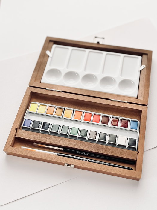 Van Gogh Set d'aquarelles en boîte en bois, 24 couleurs en demi-pastilles et 3 accessoires